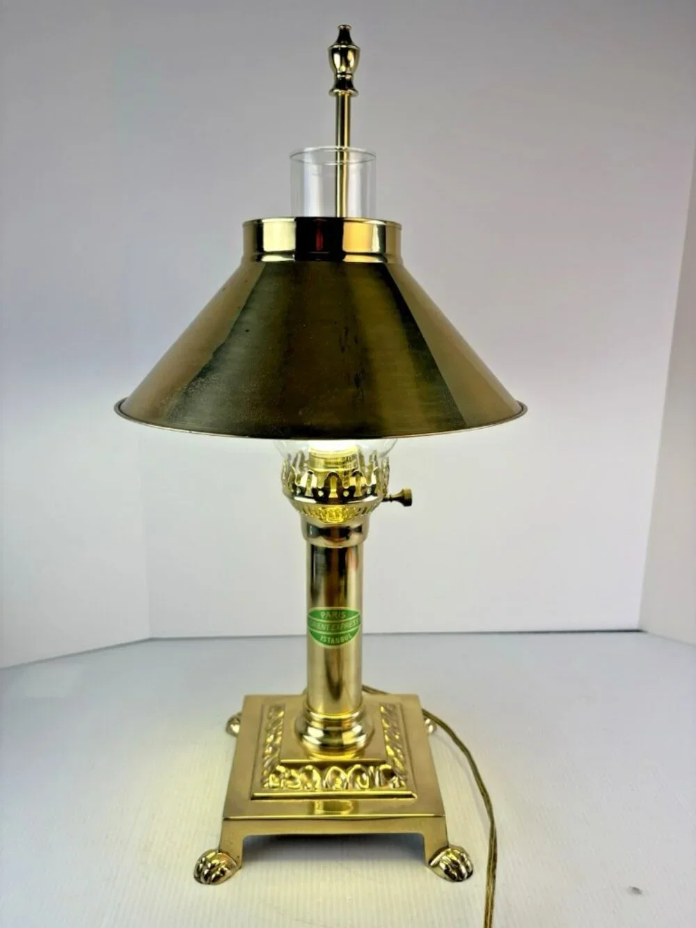 Vintage Brass Paris Istanbul Orient Express Clawfoot Table Lamp, Works, Adj.